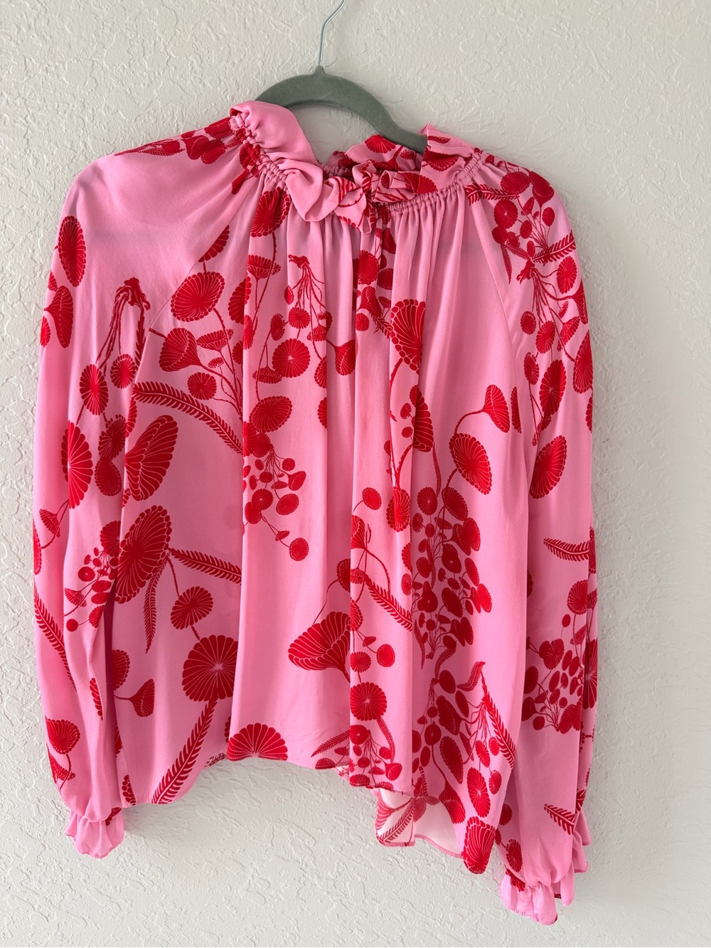 Cynthia Rowley Pink Red Bird Floral Ruffle Peasant Blouse Top M